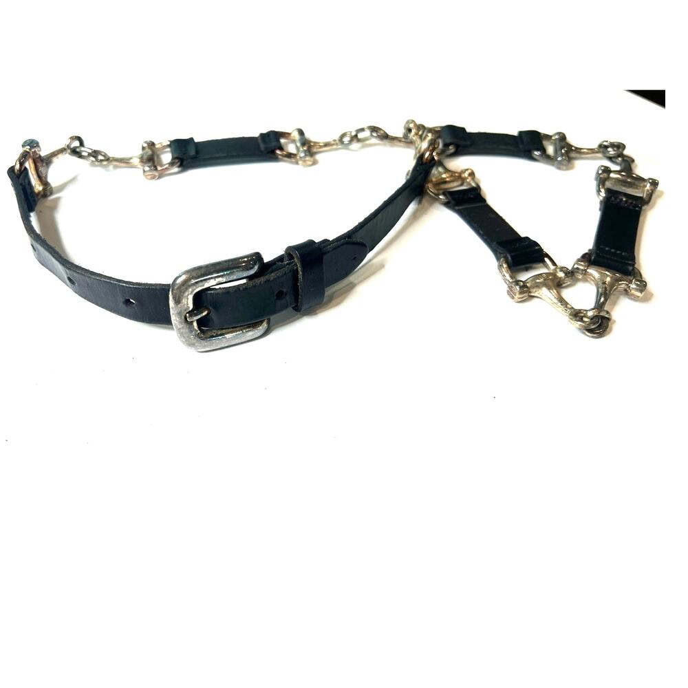 M Belt Vintage horsebit chain link belt equestrian silver-tonev black leather
